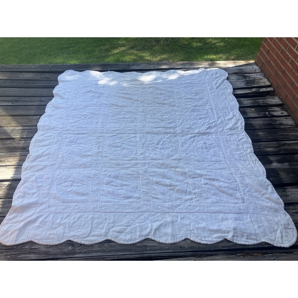 Cottagecore shabby chic farmhouse white on white cotton/crochet quilt 81" x 72"